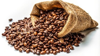 Fototapeta premium Rich Brown Coffee Beans Pouring Out of Rustic Burlap Bag in Close-Up