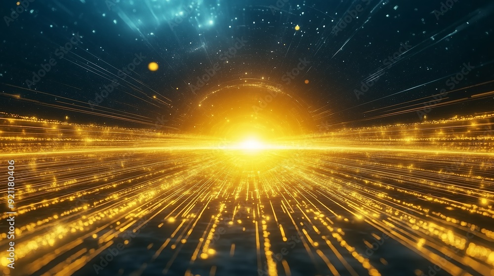 Poster bright golden light radiating from a distant source in a vibrant digital environment with streaks of