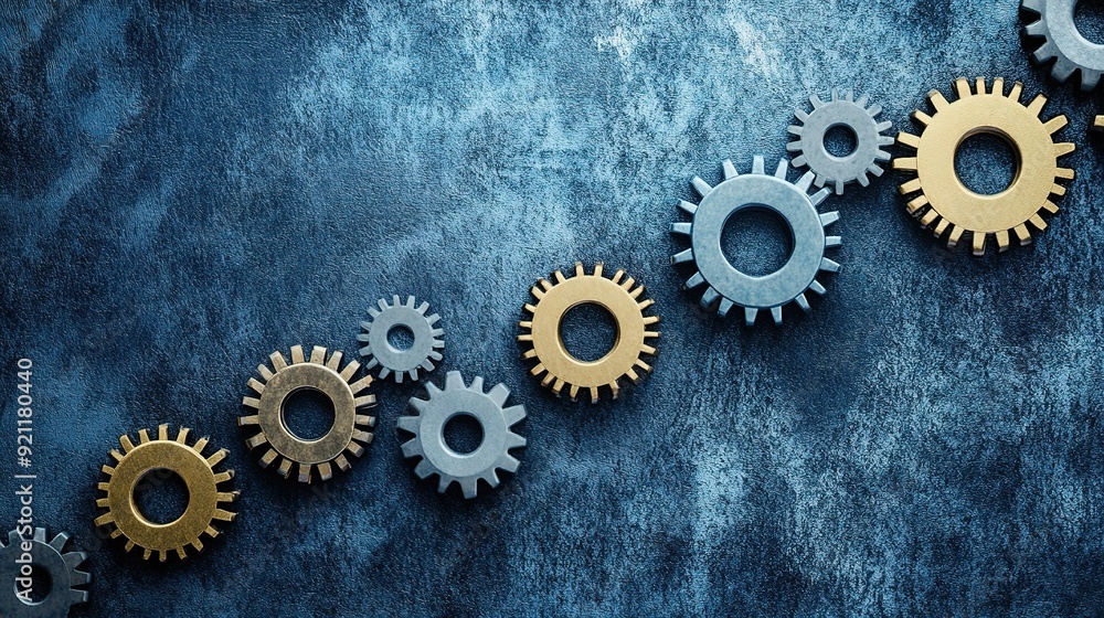 Poster interlocking gears: a series of gold and silver cogs interlock on a blue surface, forming a dynamic 