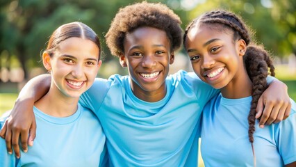 Three Cheerful Teenagers Embracing and Enjoying a Day Outside Together