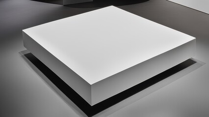 White geometric shapes in varying heights stacked atop each other casting shadows on a gray floor.