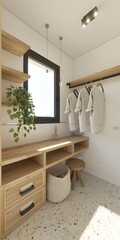Fototapeta premium Modern Minimalist Laundry Room Interior Design with Wooden Shelves and Hanging Clothes