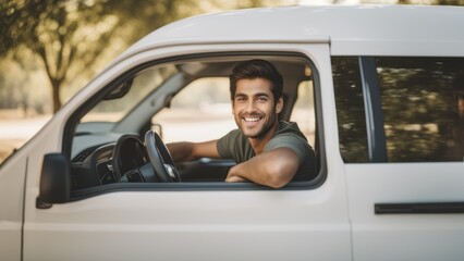 A young man smiles from the driver's seat of a white SUV parked outdoors in a bright day setting with trees behind it.