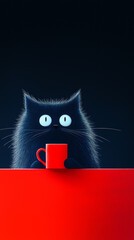 Quirky Black Cat with a Coffee Mug in a Minimalist, Moody Setting