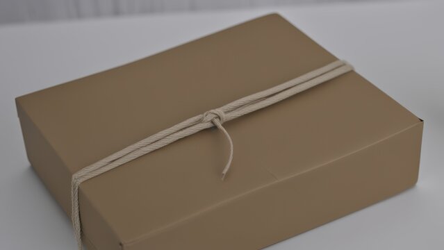 A plain flat-topped cardboard box tied with a string sealed and ready for shipment or gift giving.