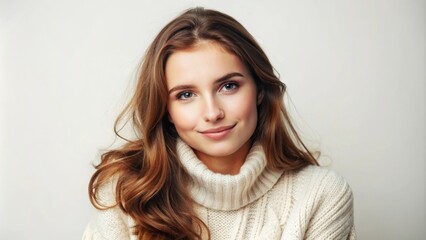 Fototapeta premium Portrait of a Young Woman with Long Hair Wearing a Cozy White Turtleneck Sweater