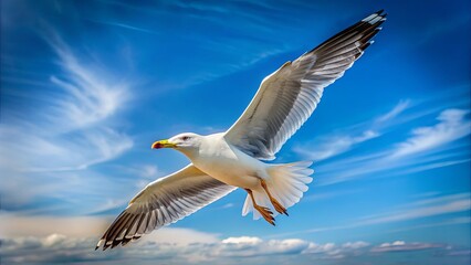 Obraz premium Seagull soaring gracefully through the sky, seagull, flight, wings, bird, freedom, nature, wild, animal, sky, feathers, wildlife