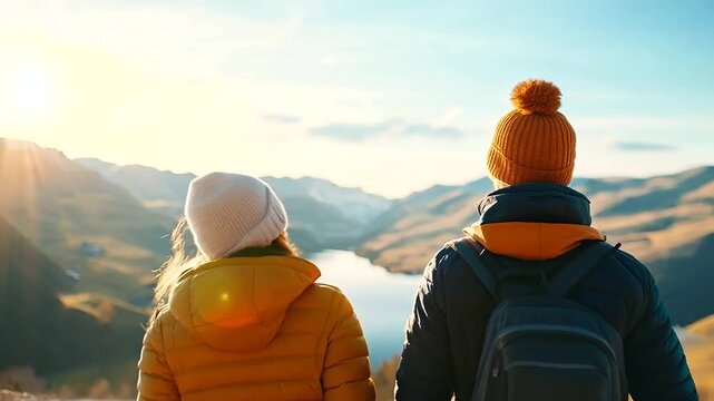 A couple pauses at a scenic overlook to snap a memorable photo during their road trip adventure.