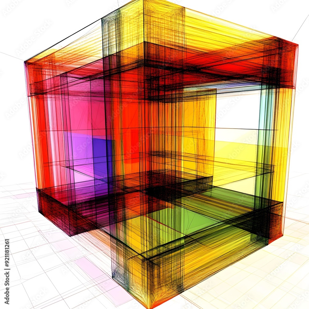 Poster Abstract Cube with Colorful Lines