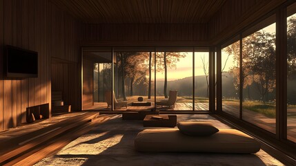 Modern Wooden House Interior With Floor To Ceiling Windows