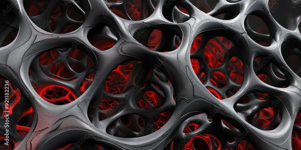 Poster an intricate design with black and red colors, showcasing unique abstract cellular patterns and text