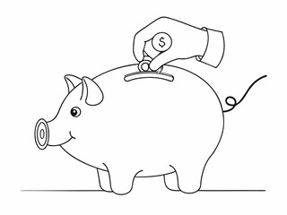 continuous single line drawing of hand inserting coin into piggy bank, saving money line art vector illustration

