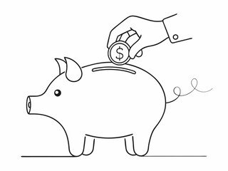 continuous single line drawing of hand inserting coin into piggy bank, saving money line art vector illustration
