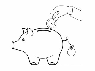 continuous single line drawing of hand inserting coin into piggy bank, saving money line art vector illustration
