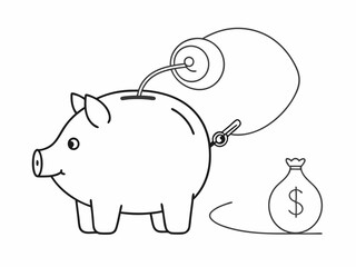continuous single line drawing of hand inserting coin into piggy bank, saving money line art vector illustration
