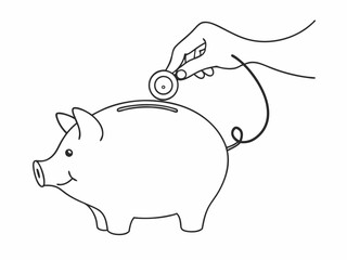 continuous single line drawing of hand inserting coin into piggy bank, saving money line art vector illustration
