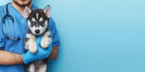 A veterinarian is seen holding an adorable and playful husky puppy in a wellorganized clinical setting, showcasing the bond between animals and veterinary professionals, in a caring environment