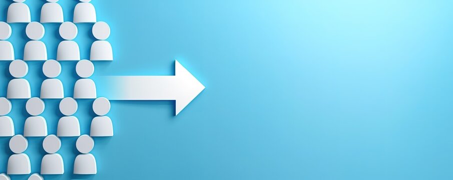Abstract illustration of a group of people moving forward with a white arrow. Concept of teamwork, leadership, progress, and growth.