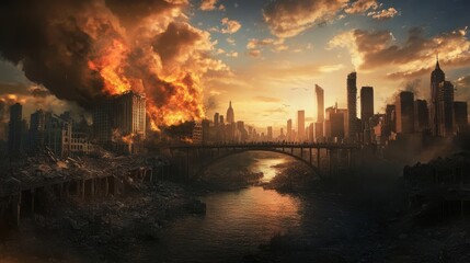 Fototapeta premium A city skyline with one half in ruins and the other rebuilt, connected by a peace bridge, peace war conflict resolution, reconstruction after conflict