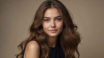 Naklejka premium A young woman with long wavy brown hair that cascades over her shoulders.