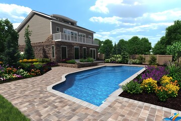 Backyard Swimming Pool With Stone Patio And Landscaping