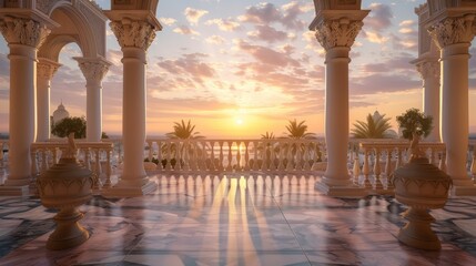 Sunset view from contemporary arabian palace balcony in stunning desert oasis landscape