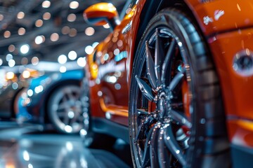 Luxury Car Exhibition Highlighting Detailed Tire Designs and High-Performance Vehicles