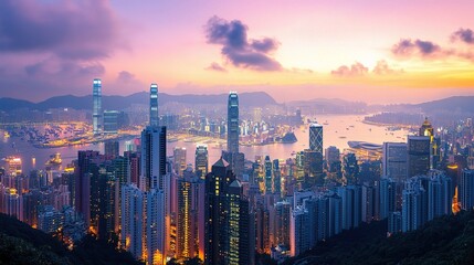Fototapeta premium Hong Kong Skyline at Dawn: A breathtaking panoramic view of Hong Kong's iconic skyline at dawn, bathed in soft, ethereal light. 