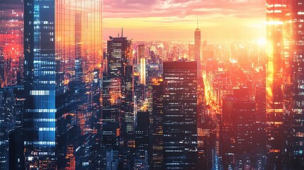 Fototapeta premium Neon Sunset Metropolis: A futuristic cityscape ablaze with vibrant hues as the sun sets on a world of technological marvels. 