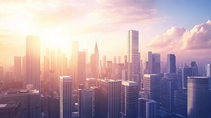 Fototapeta premium Golden Hour Skyline: A captivating panorama of a modern city bathed in the warm glow of a setting sun, showcasing the urban sprawl and the promise of a vibrant future. 