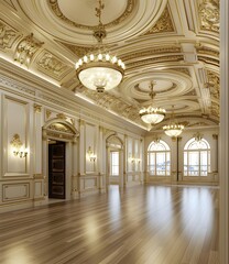 Fototapeta premium Luxury Interior Design with Gold Trim and Crystal Chandeliers