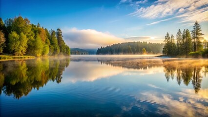 Fototapeta premium Tranquil morning at the lake with mist rising off the water , dawn, serene, calm, tranquil, peaceful, morning, lake, water, mist