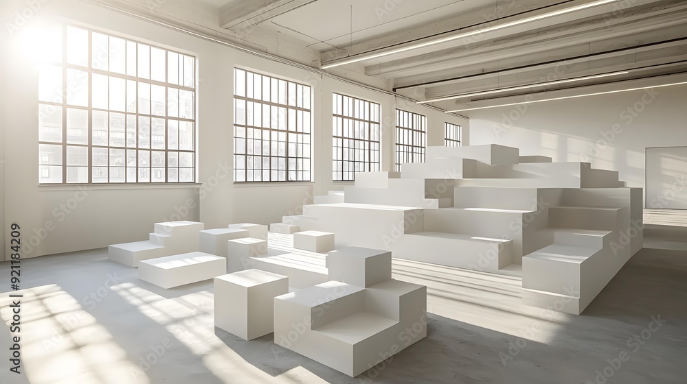 Poster modern minimalist white cubes in a large empty room with windows