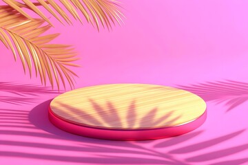 Pink and Wooden Product Display Stand with Palm Leaves Shadow