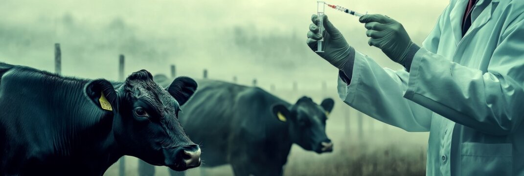 A veterinarian is diligently administering crucial care to a group of cattle on a misty and foggy farm, ensuring their health and wellbeing through vaccinations and medical attention