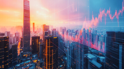 Fototapeta premium Smart digital city with connection network that is at the cutting edge of innovation in technology and business with bright, modern skyscrapers. Backgrounds for technology and charts and graphs