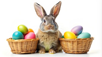 Easter bunny sitting with a basket of colorful easter eggs, easter, bunny, rabbit, basket, colorful, eggs, spring
