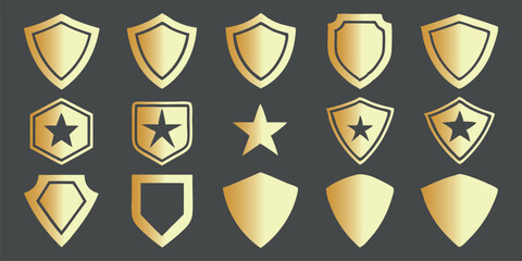 Lovely silhouettes of shields made in gold. Labels for the police, military, soccer, and other sports are shaped by golden badges. 
