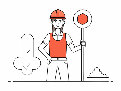 recommend clip art: continuous single line drawing of female road worker with stop sign, line art vector illustration
                    