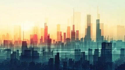 Fototapeta premium A digital cityscape with a hazy orange and teal glow, showcasing the outline of tall buildings.
