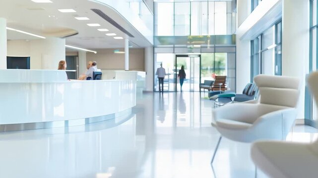 Bright and spacious hospital lobby with modern seating and a sleek reception desk. Welcoming healthcare environment designed for patient comfort and efficient service. 