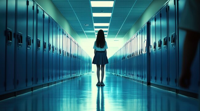 Une jeune fille en uniforme de lyc&eacute;enne debout dans le couloir vide d'un lyc&eacute;e, concept de harc&egrave;lement scolaire.