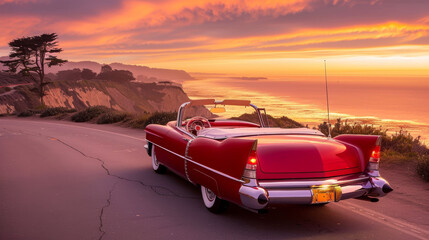 Fototapeta premium Classic Red Convertible Car on Scenic Coastal Road at Sunset - Vintage Summer Vacation Vibes