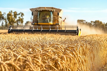 Fototapeta premium Wheat harvesting in a golden field during a sunny afternoon in the countryside