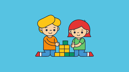 two kids playing with bricks vector illustration