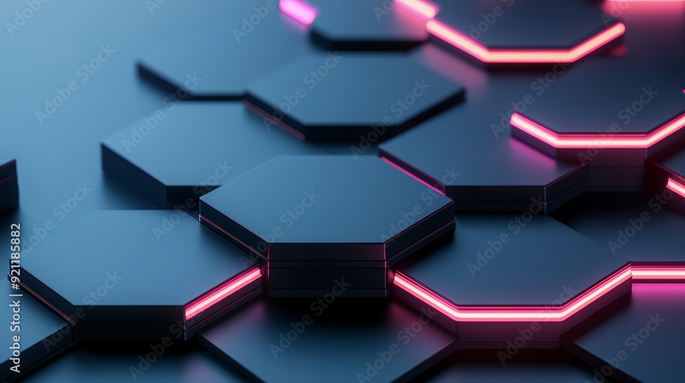 Poster an abstract podium made of interlocking hexagonal platforms arranged symmetrically, with a matte bla