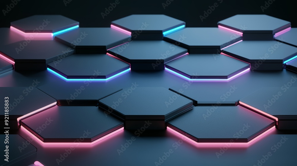 Poster an abstract podium made of interlocking hexagonal platforms arranged symmetrically, with a matte bla
