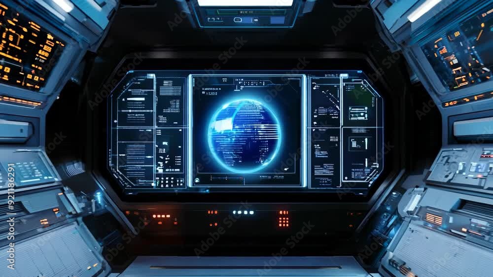 Poster futuristic spaceship cockpit interface with holographic displays. sci-fi spacecraft control panel wi