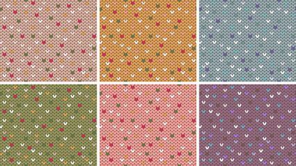 Vector collection of knitted patterns, set of seamless knitted backgrounds and textures, colorful