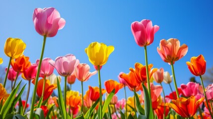 Fototapeta premium Vibrant field of tulips in full bloom, set against a clear blue sky